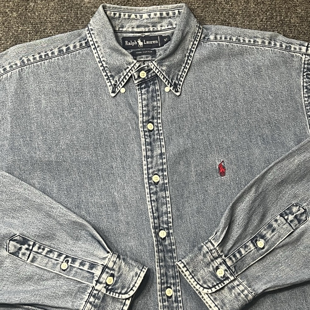 Vintage Ralph Lauren Denim Shirt Mens XL Blue Denim Button Down 90s Cotton Polo